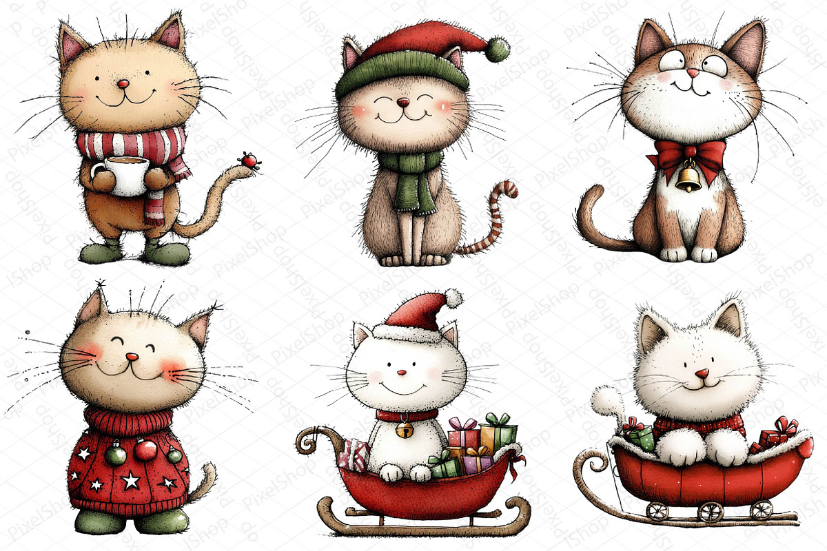 Watercolor Christmas Cats Clipart, an Illustration by DreamPrint404 (Photo 3 of 7)