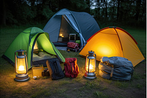 camping gear, including tents and, a Sports & Recreation Photo by Sergey Kotenev