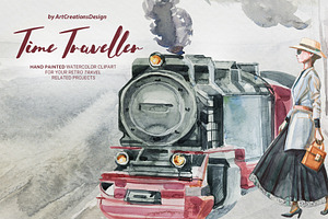 Watercolor Time Traveller Clipart, a Transportation Illustration by ArtCreationsDesign