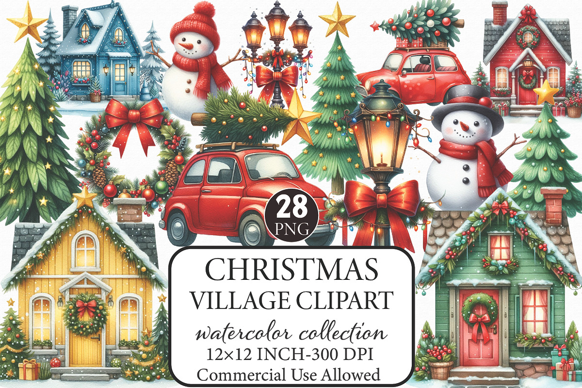 Watercolor Christmas Village Clipart, an Illustration by Libby Wishes (Photo 1 of 9)