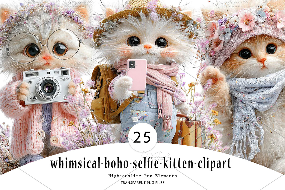whimsical-boho-selfie-kitten-clipart, a Seasonal Illustration by CreationArt (Photo 1 of 7)