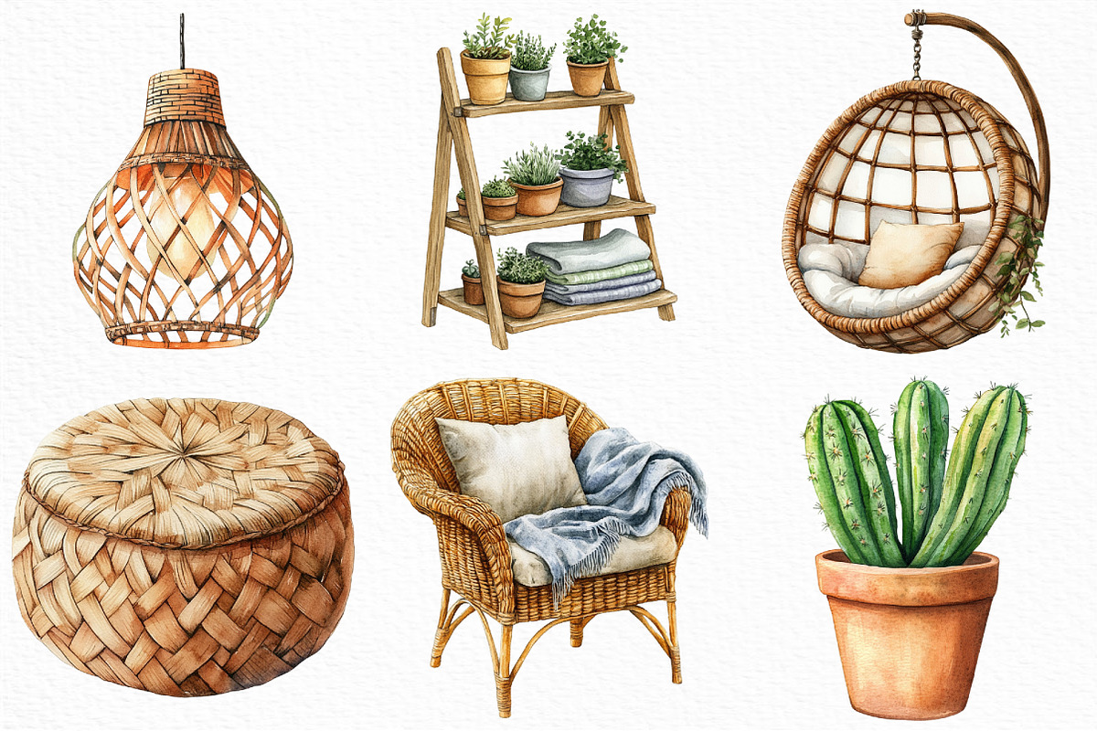 Watercolor Boho Interior Clipart, an Illustration by Craft Nest (Photo 3 of 6)
