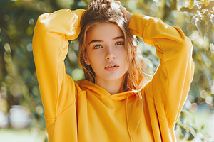 Young pretty woman in yellow sweatshirt in summer park, a Beauty & Fashion Photo by AlyaAnd