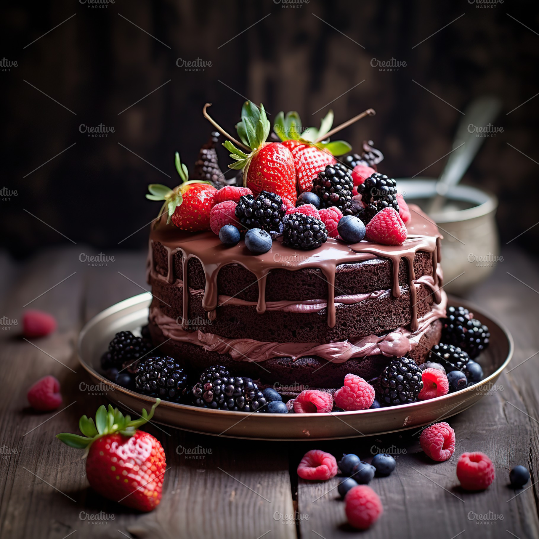 Chocolate cake with fresh berries on plate on wooden table, a Food & Drink Photo by AlyaAnd