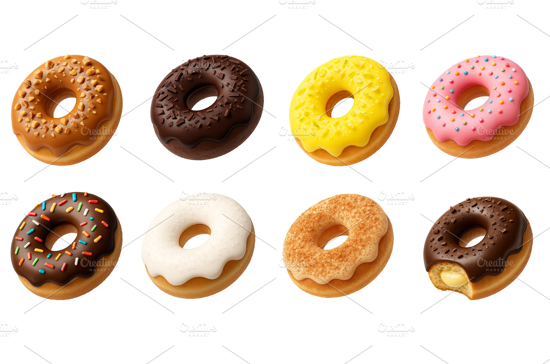 Eight assorted donuts with various, a Food & Drink Photo by Sergey Kotenev