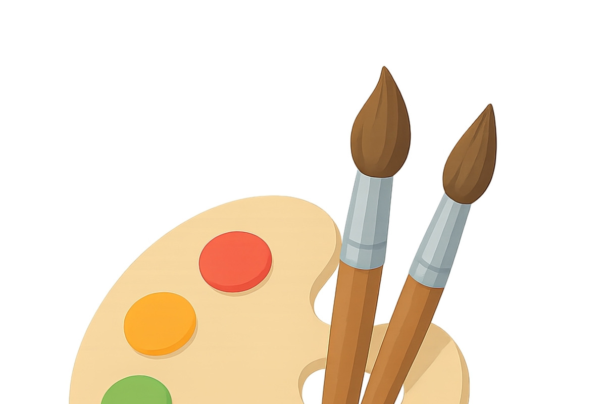 Art supplies palette with brushes an, an Illustration by Dvoevnore photos