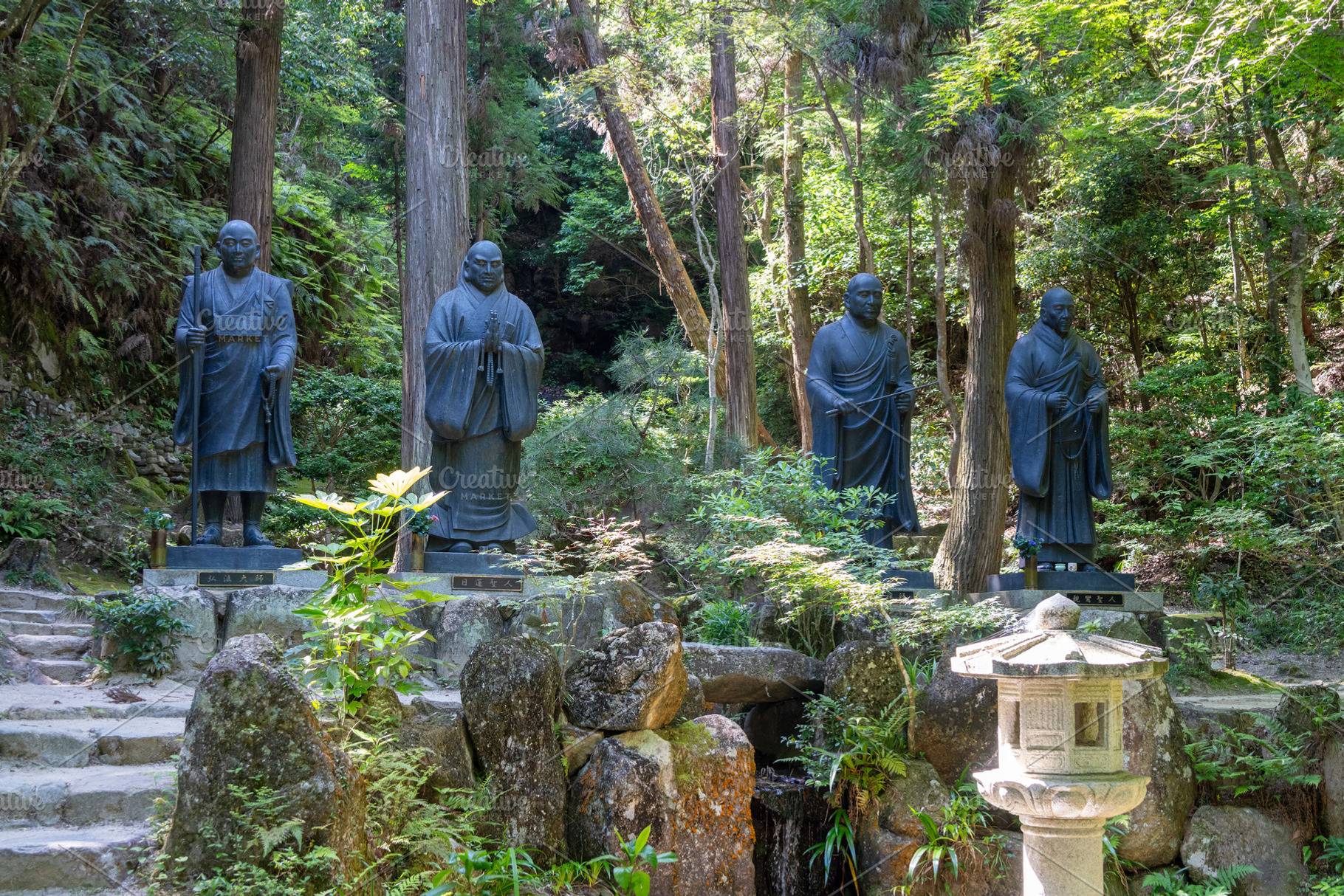 Bronze monk statues at Mitaki-Dera temple in Hiroshima, Japan, an Architecture Photo by GoodGoods