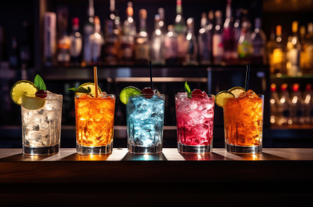 Different alcohol cocktails on bar counter, a Food & Drink Photo by AlyaAnd