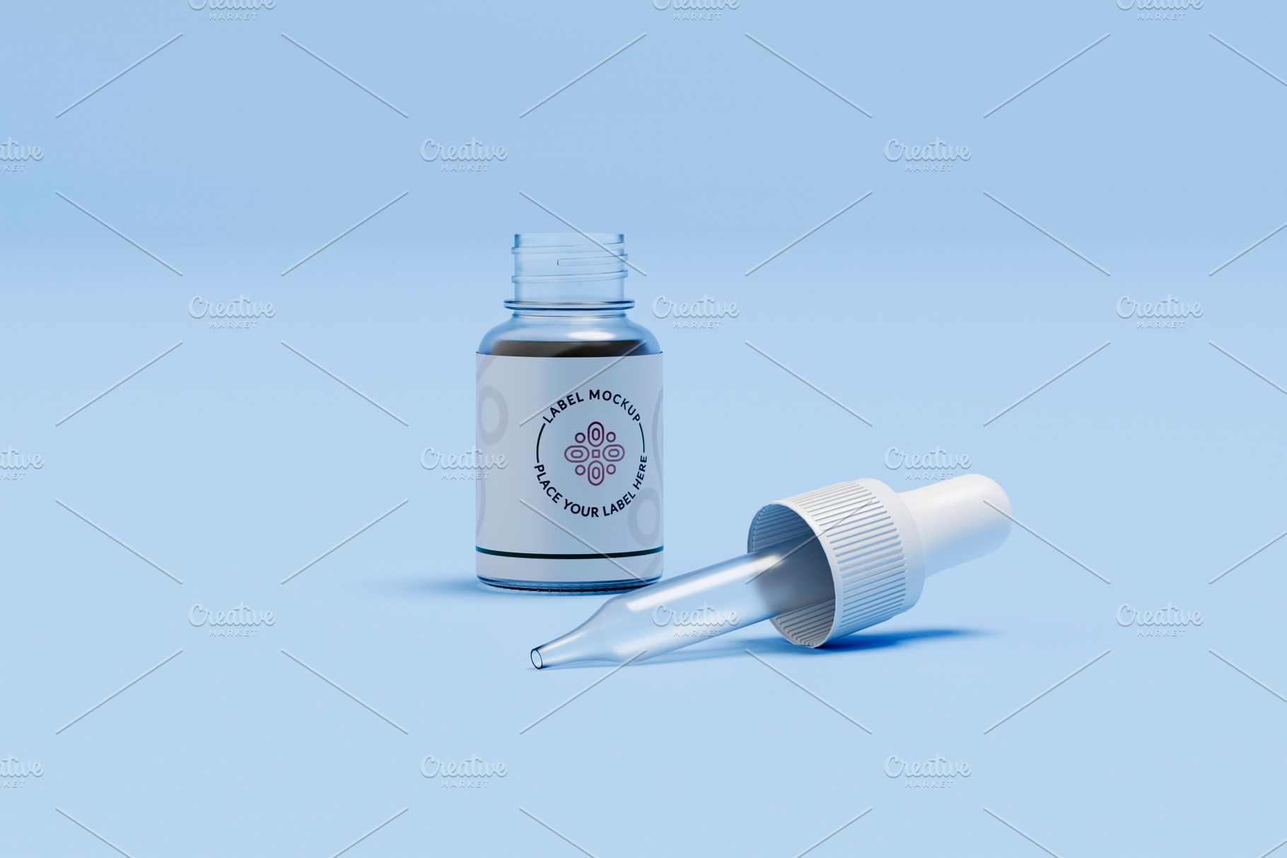 Glass dropper bottle with pipette on blue background, a Health & Medical Photo by RF Images