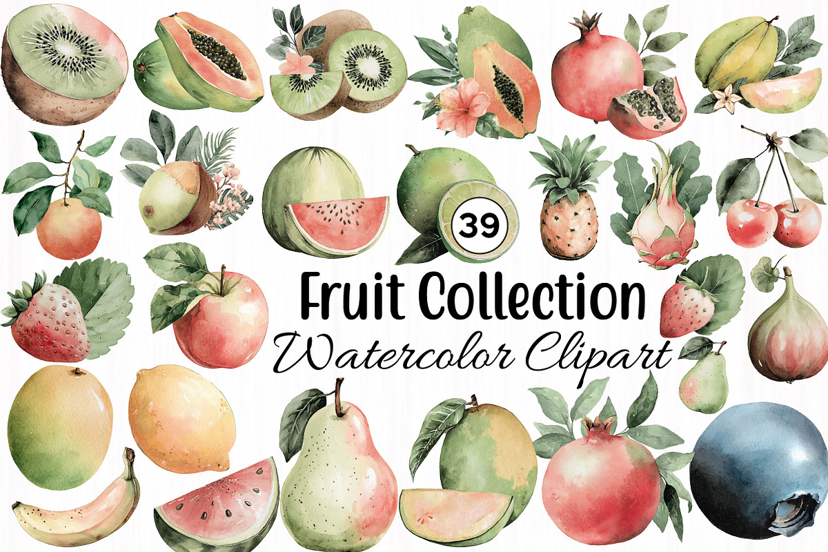 Watercolor Fruit Set Exotic, a Food Illustration by DreamCafeArt (Photo 1 of 5)