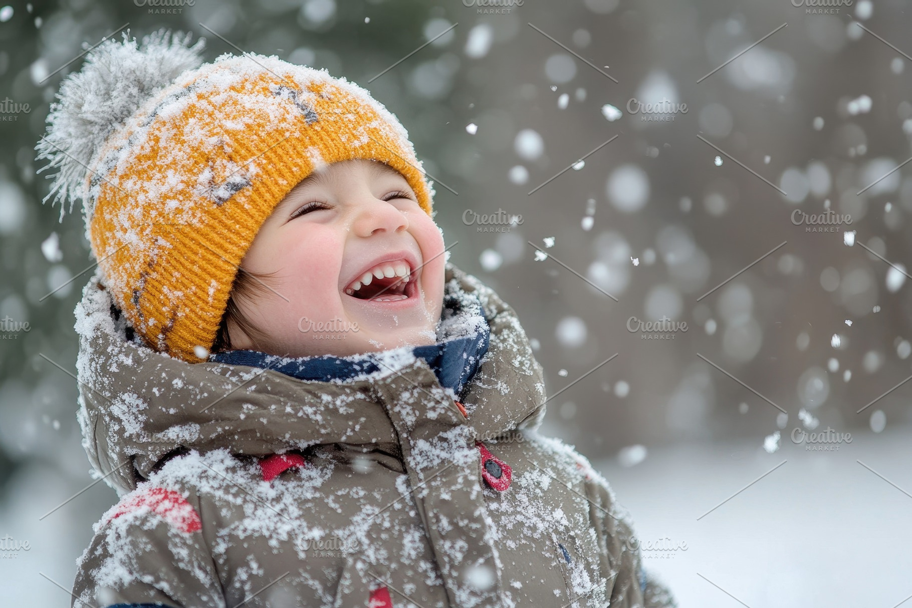 Child joyfully laughing in the snow, a Photo by Pavel_design