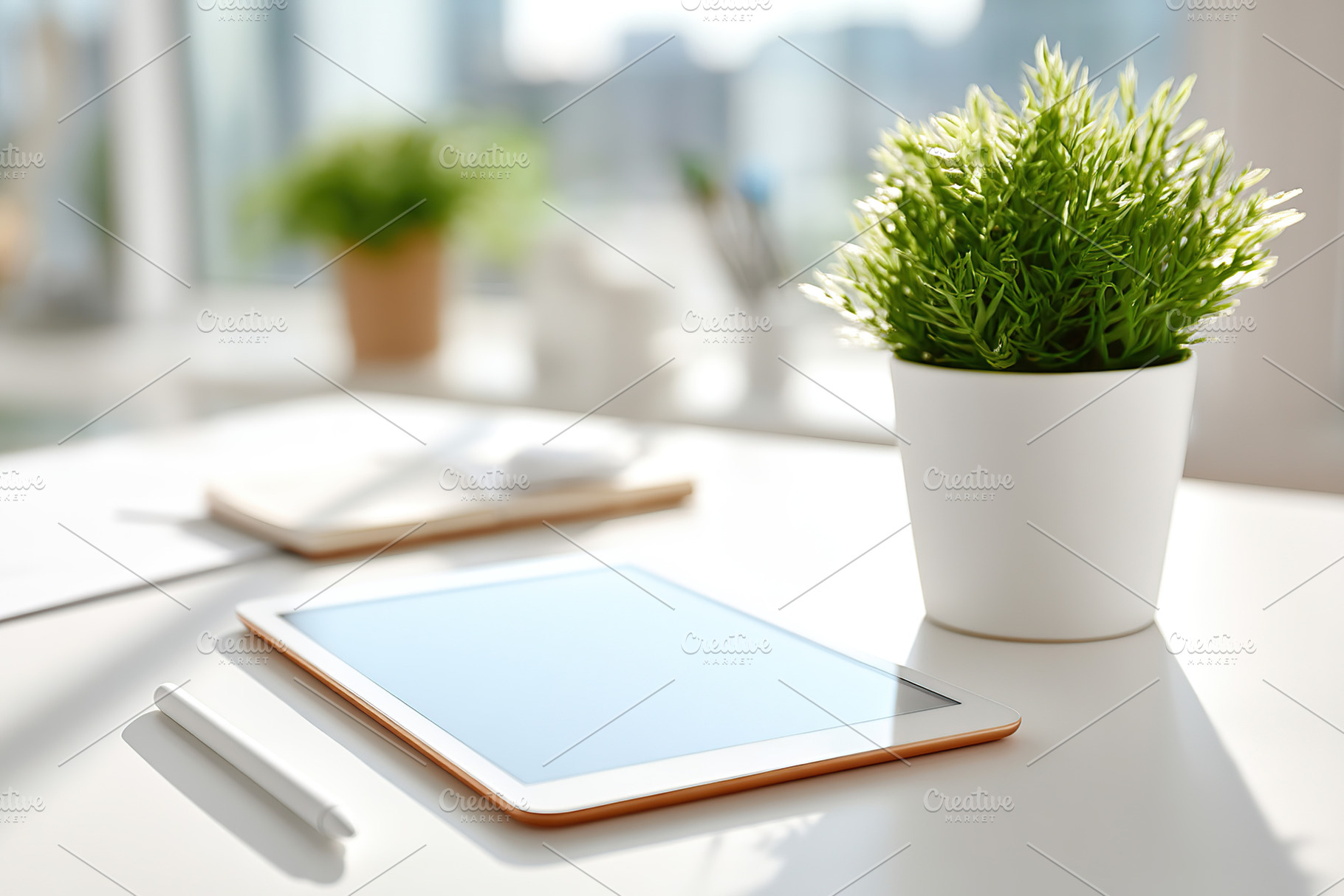 Modern home office setup with a tablet stylus and greenery enhancing productivi, a Business Photo by AlyaAnd