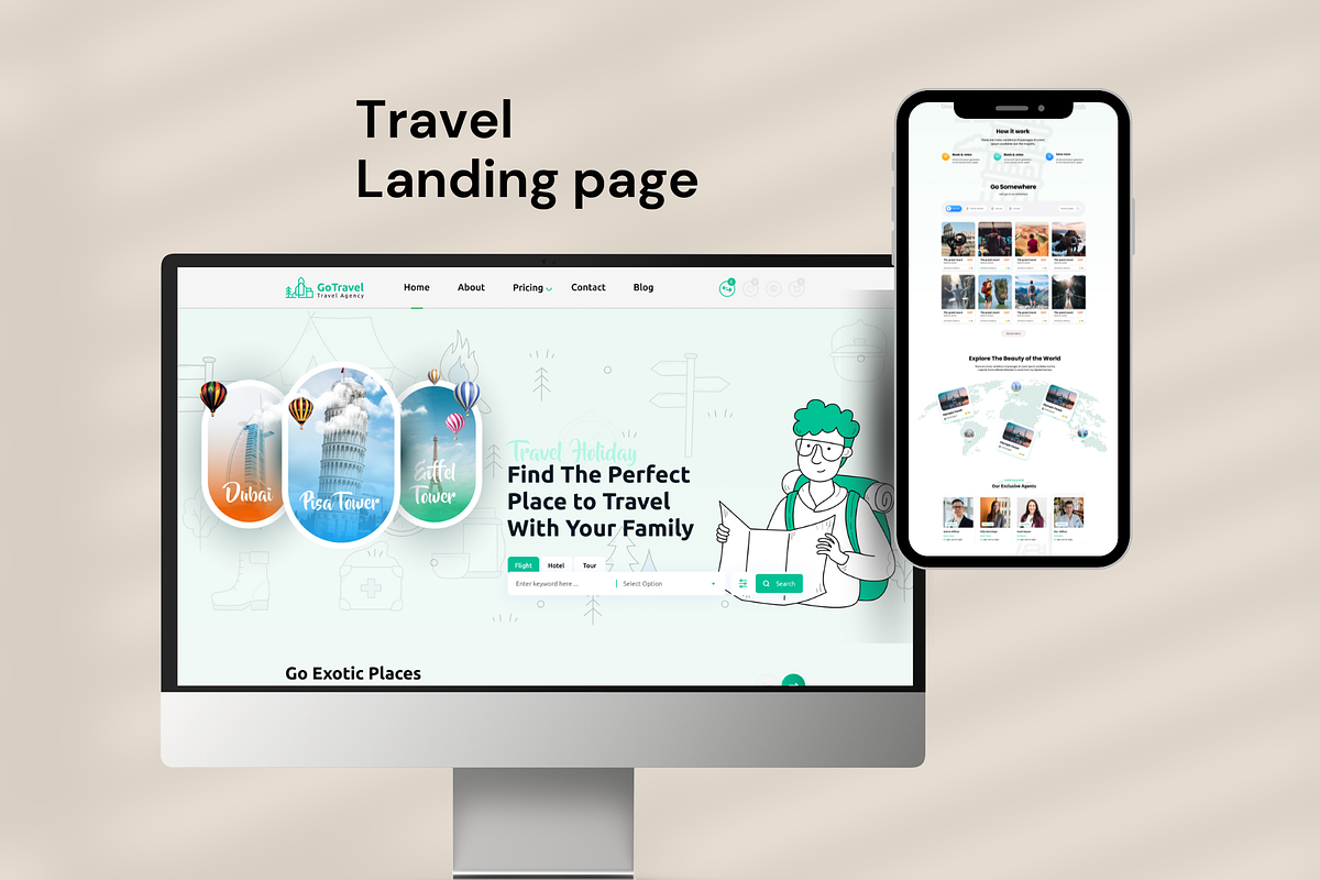 Travel Landing page template, a Landing Page Template by Fardosai Studio