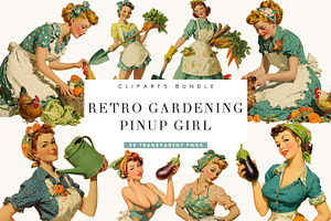 Retro Gardening Pinup Girl Clipart, a Person Illustration by BusyDaydesign