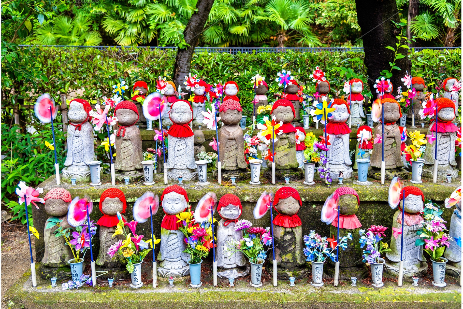 Jizo statues at the cemetery zojoji temple tokyo containing tokyo, japan, and, an Architecture Photo by Leonid Andronov