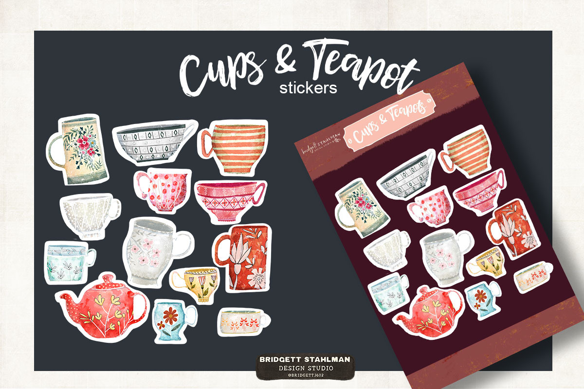 Watercolor Cups Mugs & Teapot, a Graphic by Bridgett Stahlman Design (Photo 3 of 6)