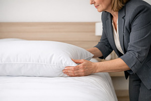 Woman arranging pillow on bed in hot, a Photo by Dvoevnore photos