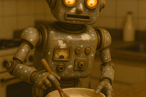Vintage robot baker mixing cake dough in rustic kitchen, a Technology Photo by GoodGoods