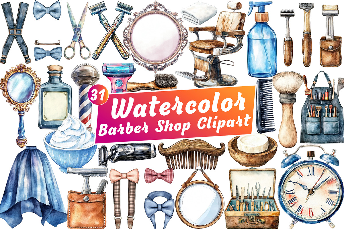 Watercolor Barber Shop Clipart, an Illustration by Libby Wishes (Photo 1 of 5)