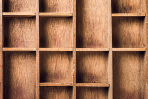 Empty wooden box with compartments containing box, top view, and wooden