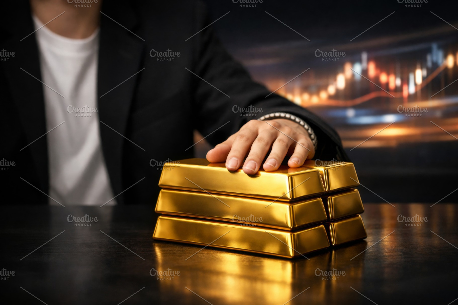 Gold bars stacked on table with busi, a Photo by Dvoevnore photos