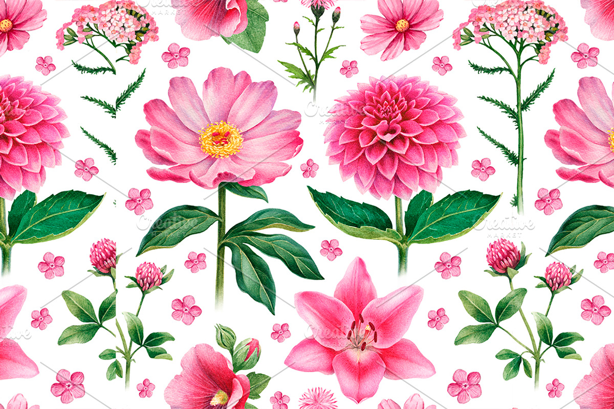 Watercolor pink flowers, a Pattern Graphic by Sundra (Photo 6 of 6)