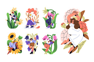 Tiny women with big flowers set, a Person Illustration by PaperTrident