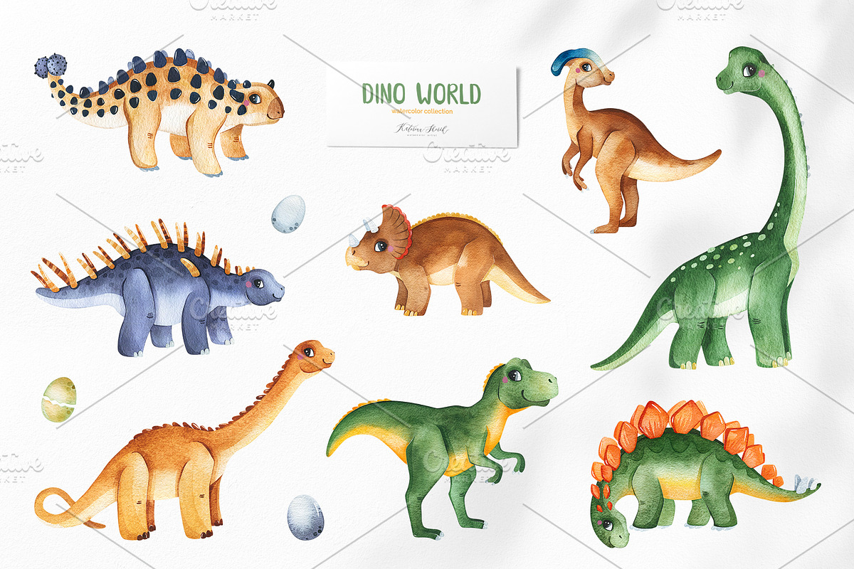 Dino World. Watercolor collection., an Animal Illustration by Kate_Rina (Photo 3 of 16)