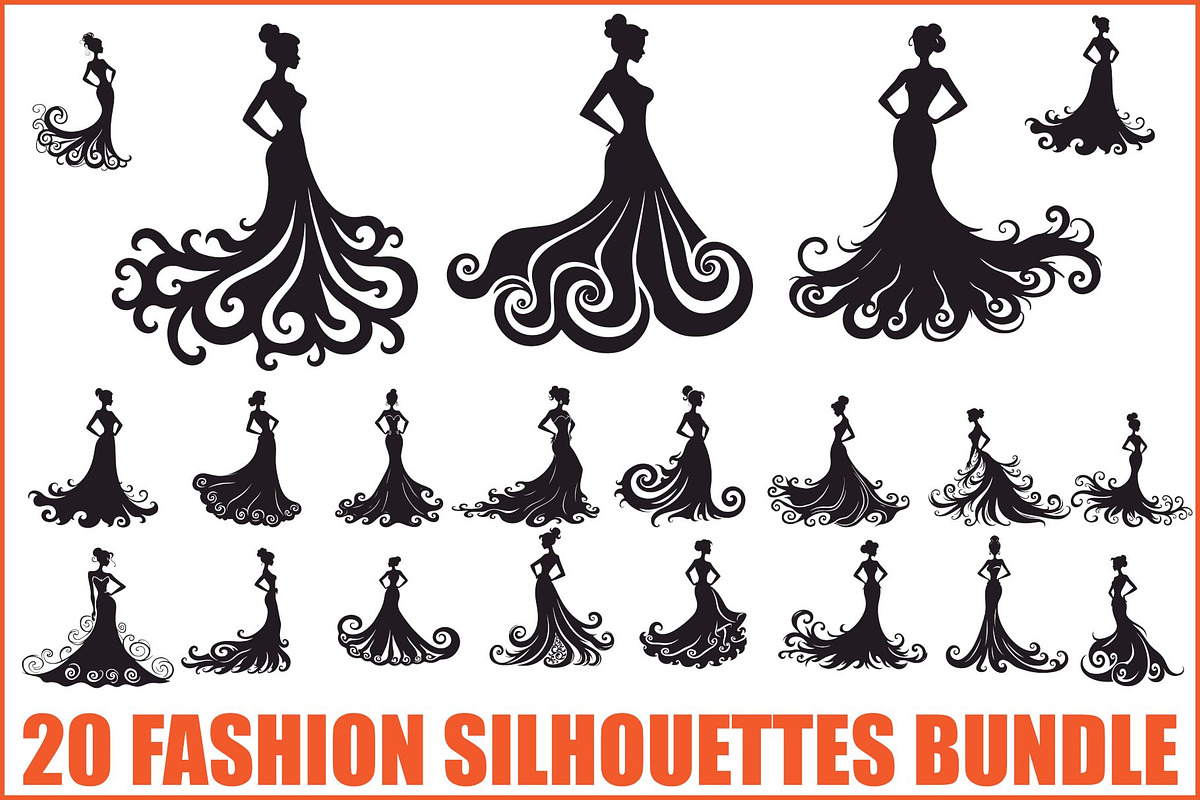 Stylish Gown Silhouette Set, an Illustration by yasushie (Photo 1 of 21)