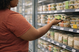 Person shopping for healthy food in grocery store aisle, a Photo by Dvoevnore photos