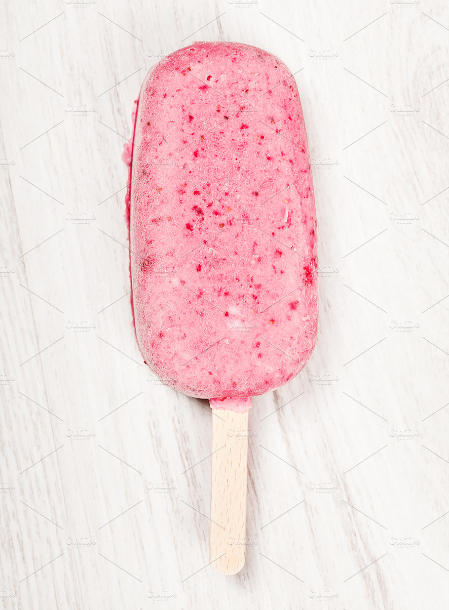 Strawberry Popslice Icecream On Ligh Containing Background Berry And Bright