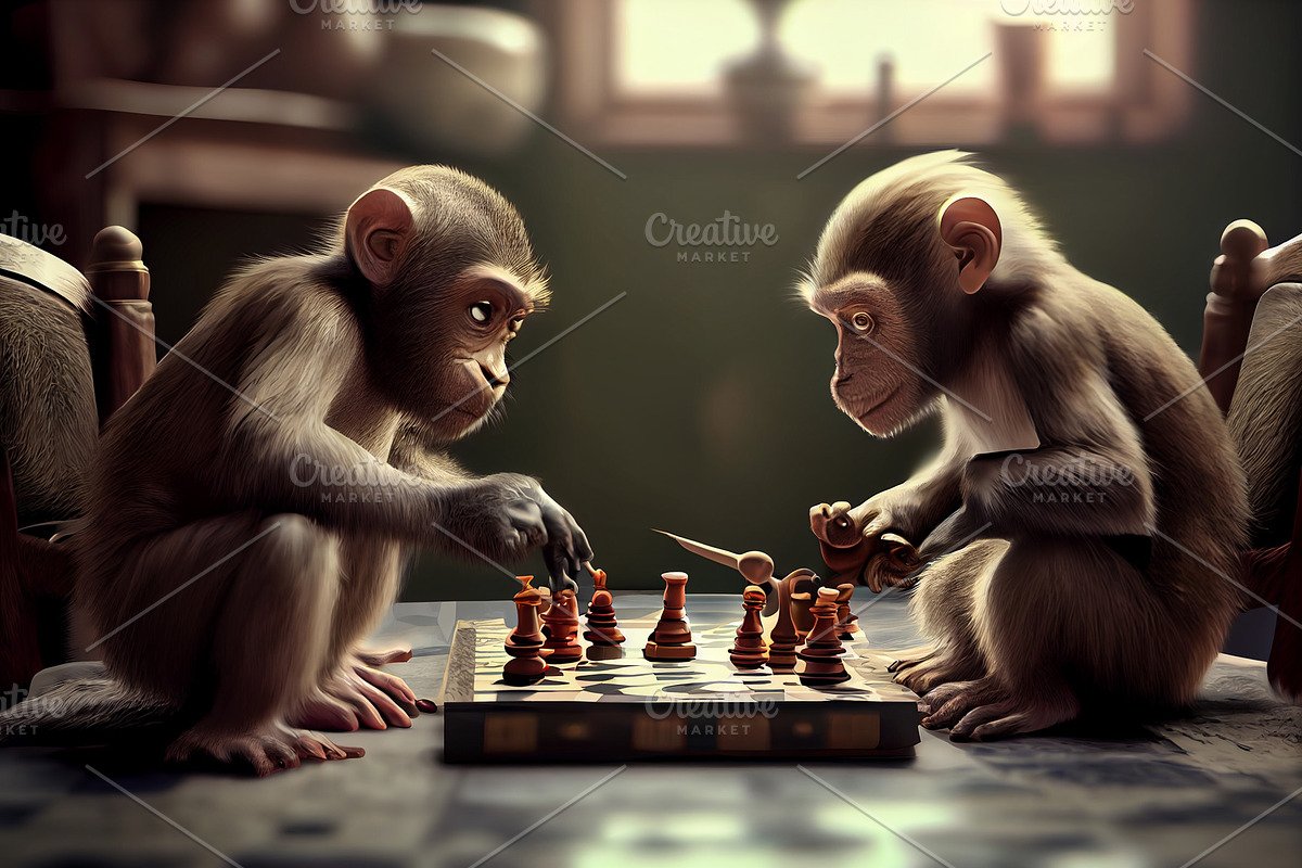 Illustration of two monkeys playing chess, a Technology Illustration by Olyryk & Aglo