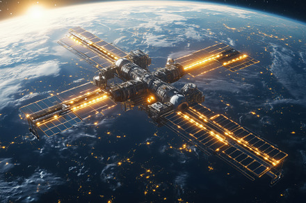 A futuristic space station orbiting Earth, illuminated by sunlight. The station, a Technology Photo by Textures & Backgrounds