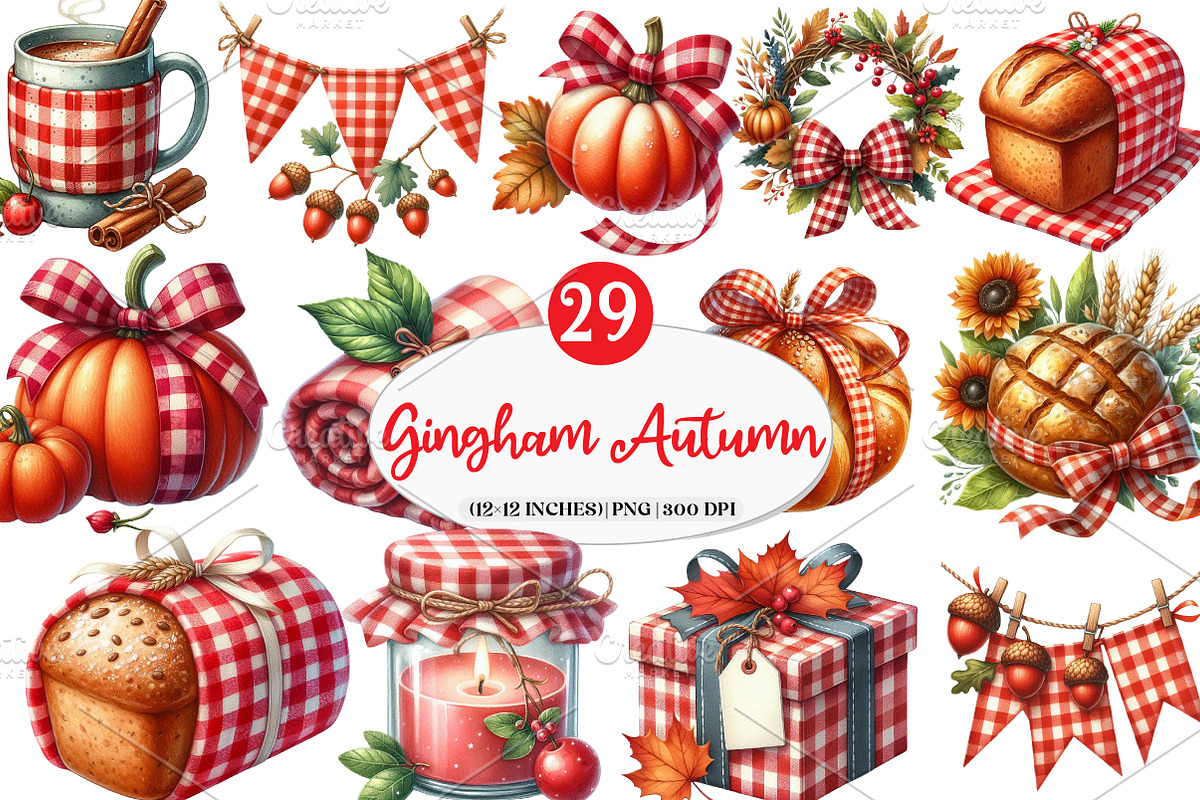 Red Gingham Autumn Clipart, an Illustration by Watercolor design (Photo 1 of 4)