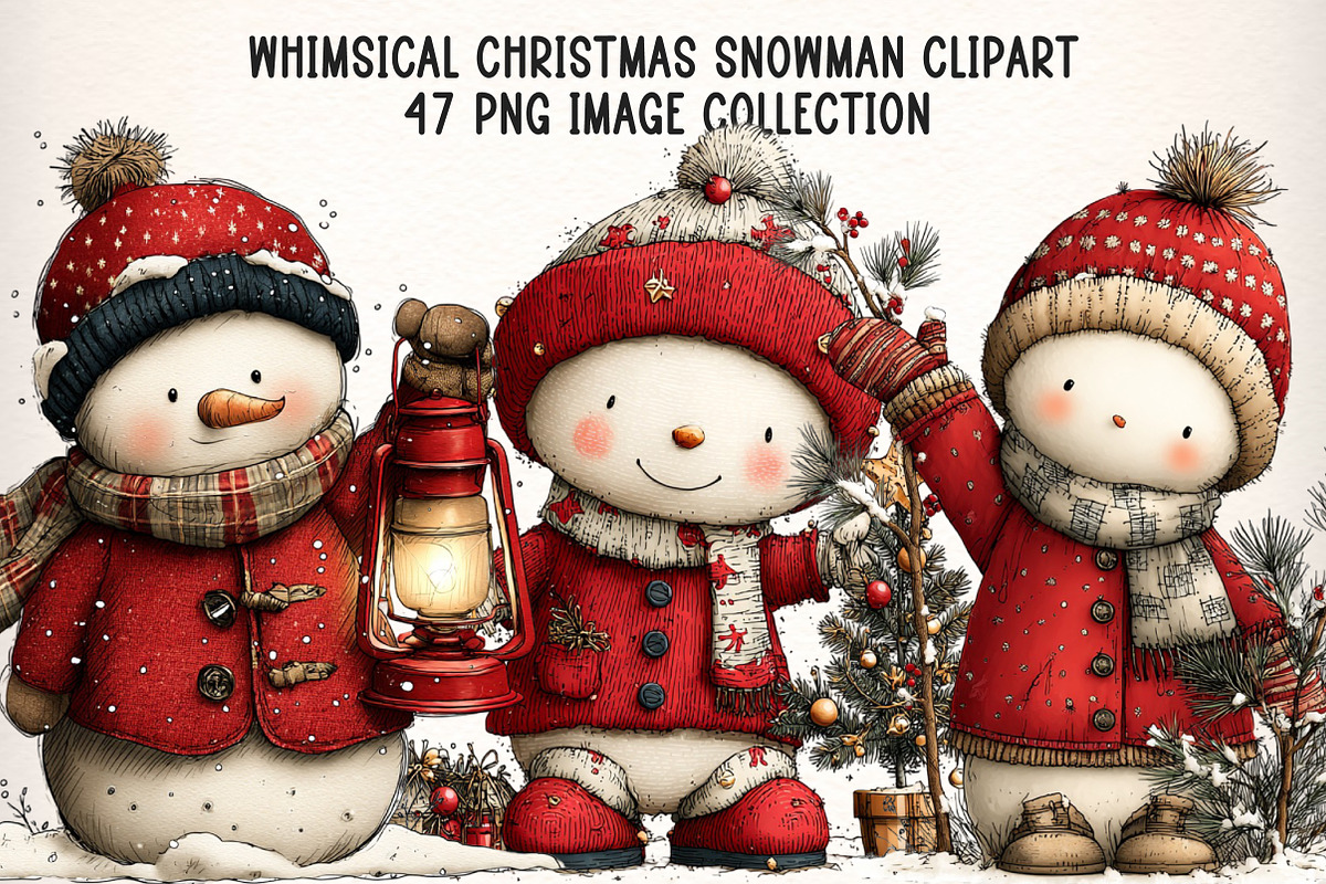 Whimsical Christmas Snowman Clipart, an Illustration by Dream Creation (Photo 1 of 9)