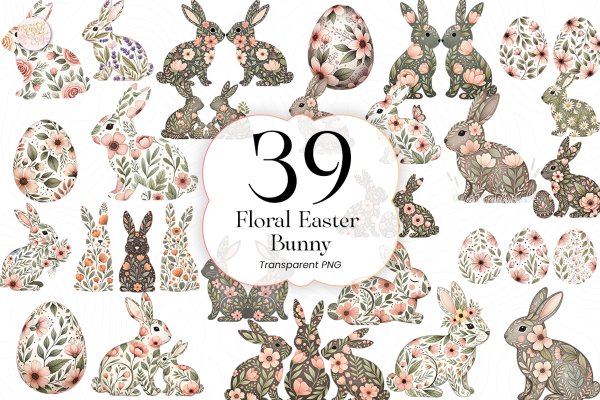 Floral Easter Bunny PNG Clipart., an Illustration by KennedyStudio (Photo 1 of 5)