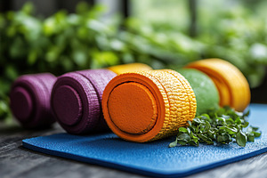 Vibrant workout mats arranged on a b, a Photo by Tanuart