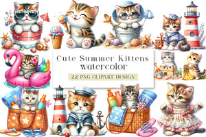 Cute Summer Kittens Clipart Bundle, an Illustration by DreamArtGraphic