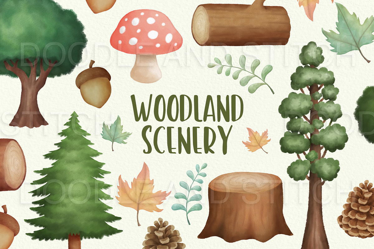 Watercolor Woodland Scenery Clipart, an Illustration by Doodle and Stitch (Photo 1 of 2)
