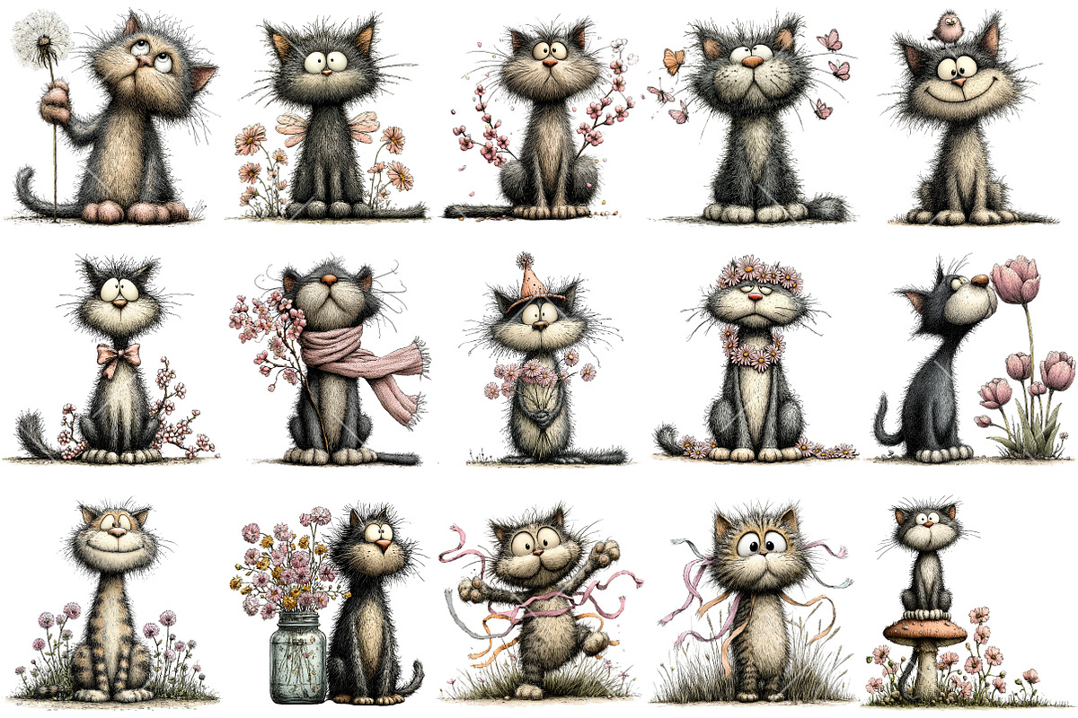 Whimsical Spring Cat Clipart, an Illustration by OK Design (Photo 3 of 6)
