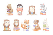 Reading Animals Watercolor Clipart, an Animal Illustration by ElenaPlatovaArt (Thumbnail 7 of 22)