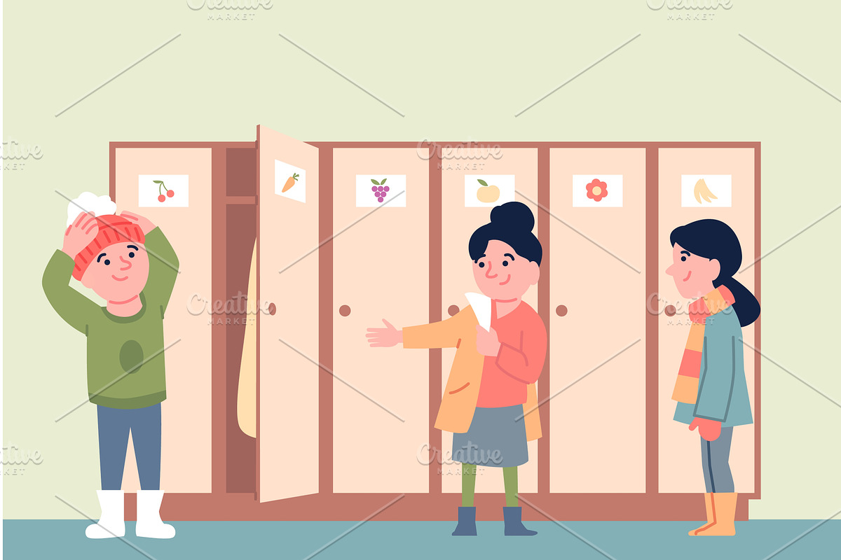 Children dress up near lockers. Kids, a Person Illustration by LadadikArt