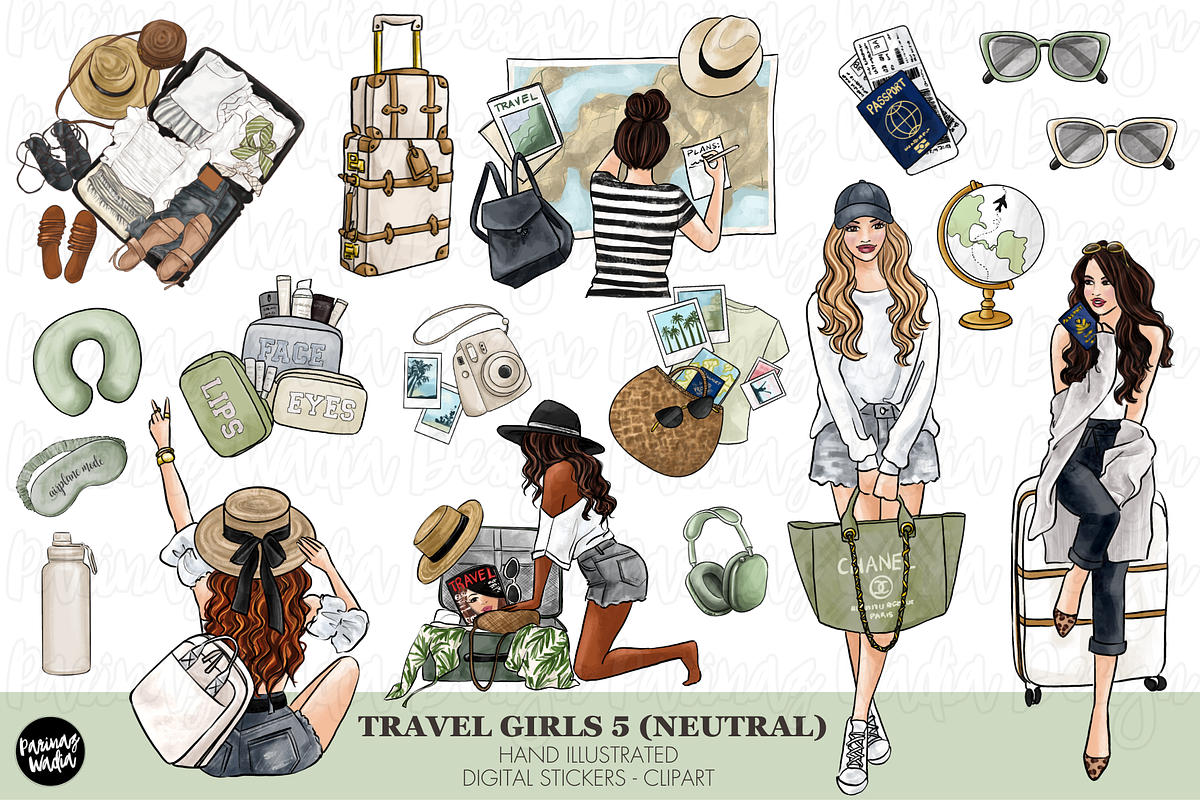 Neutral travel girls clipart set png, a Person Illustration by Parinaz Wadia Design (Photo 1 of 10)