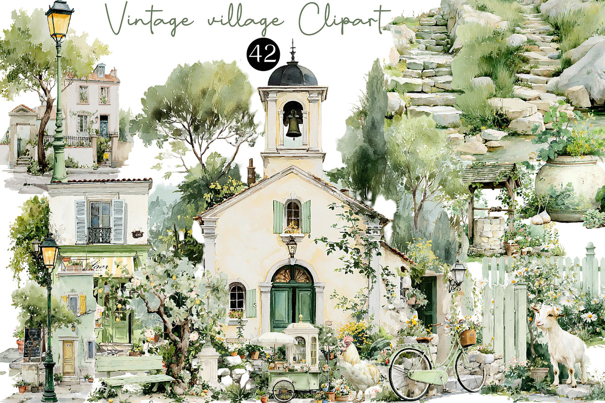 Watercolor Vintage village Clipart, an Illustration by DreamCafeArt (Photo 1 of 6)
