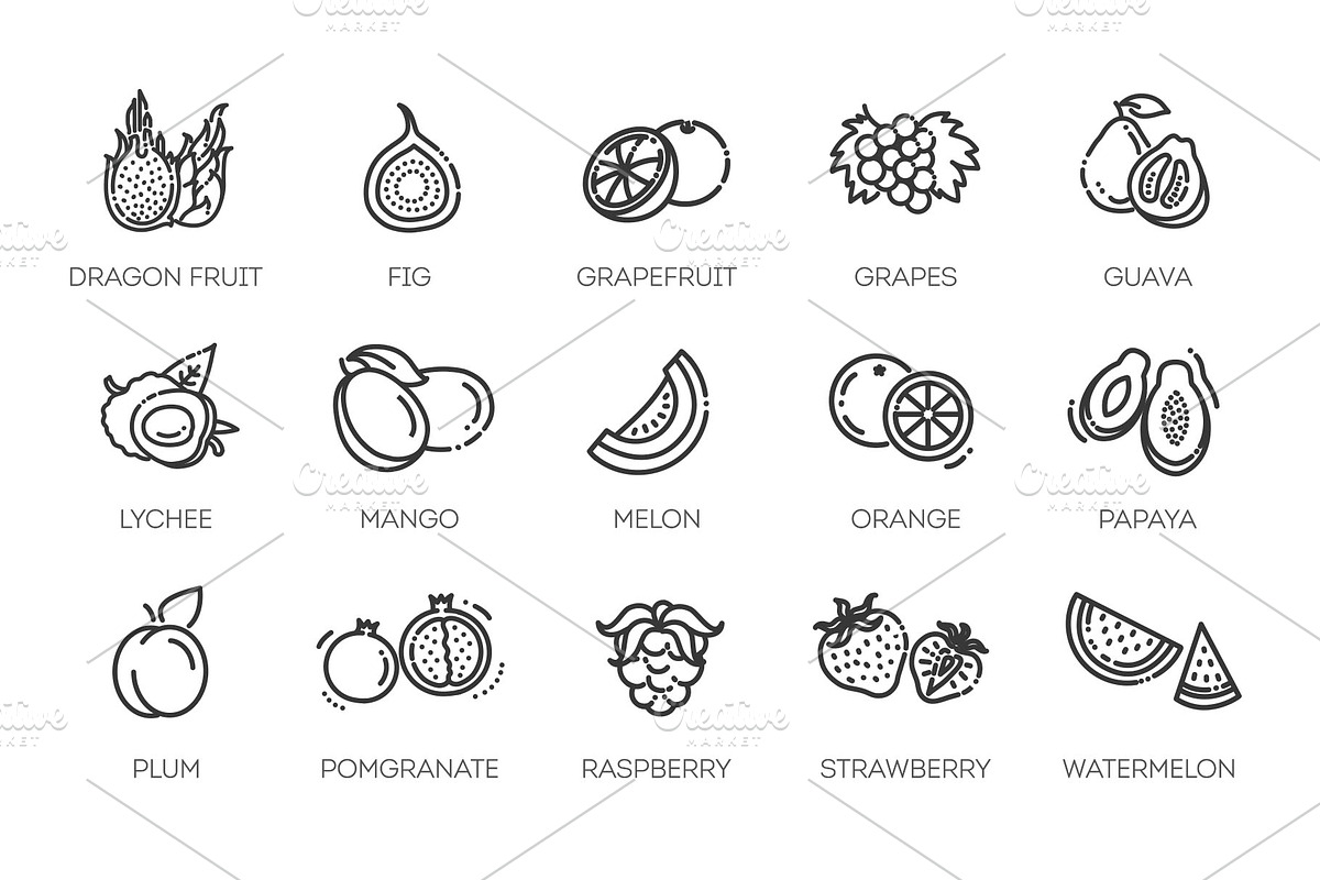 Fruit Healthy Eating Thin Line Pack, an Outline Icon by Tettygreen (Photo 2 of 2)