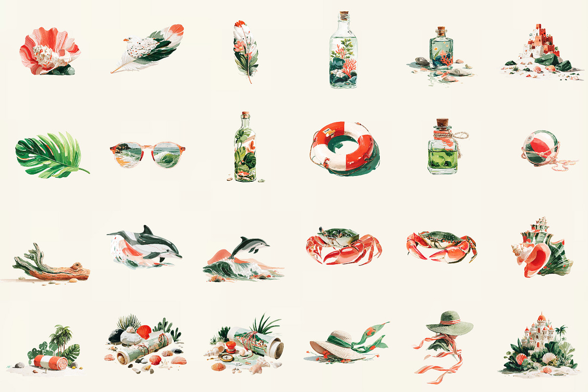 Watercolor Beach Clipart Set, an Illustration by DreamCafeArt (Photo 2 of 6)