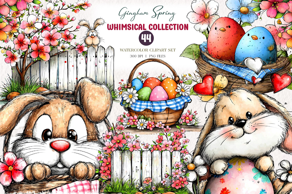 Blue Pink Gingham Spring Clipart, an Illustration by CreationArt (Photo 1 of 6)