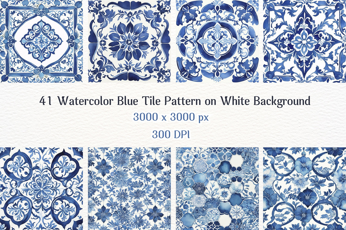 41JPG Watercolor Blue Tile Patterns, a Pattern Graphic by Vachira Digital Studio (Photo 2 of 5)