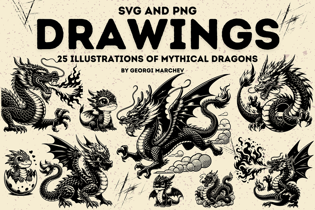 Asian Dragons Drawing Bundle PNG SVG, an Animal Illustration by Ray Crimson