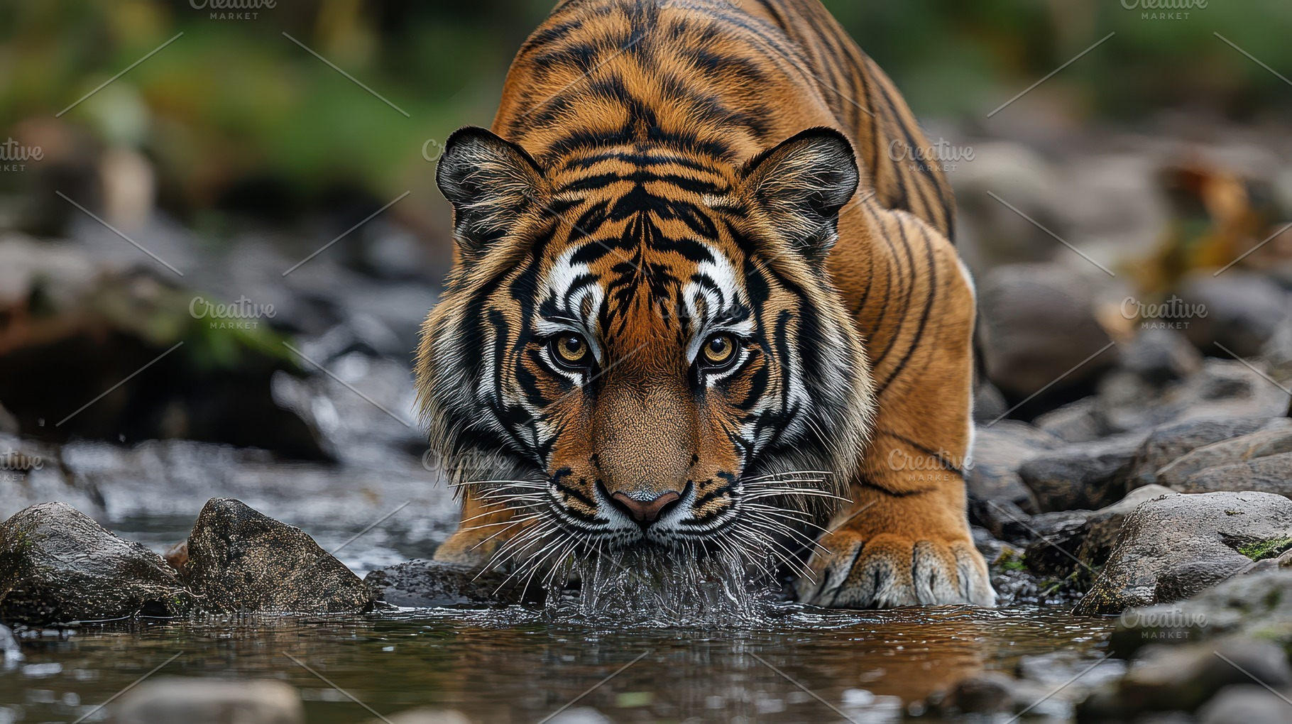 Majestic Tiger Drinking from Stream, an Animal Photo by Pixeness Studio
